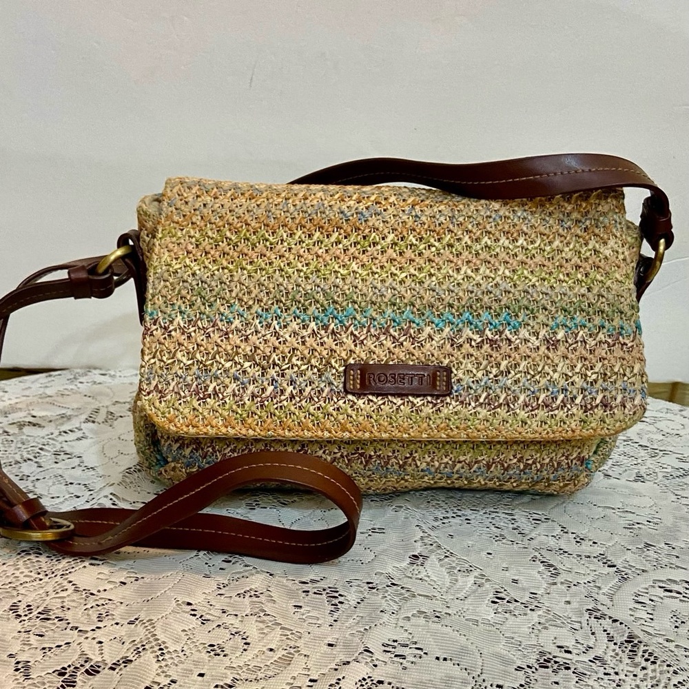 Rosetti Multicolor Crossbody Bag with Brown Leather Trim and Strap